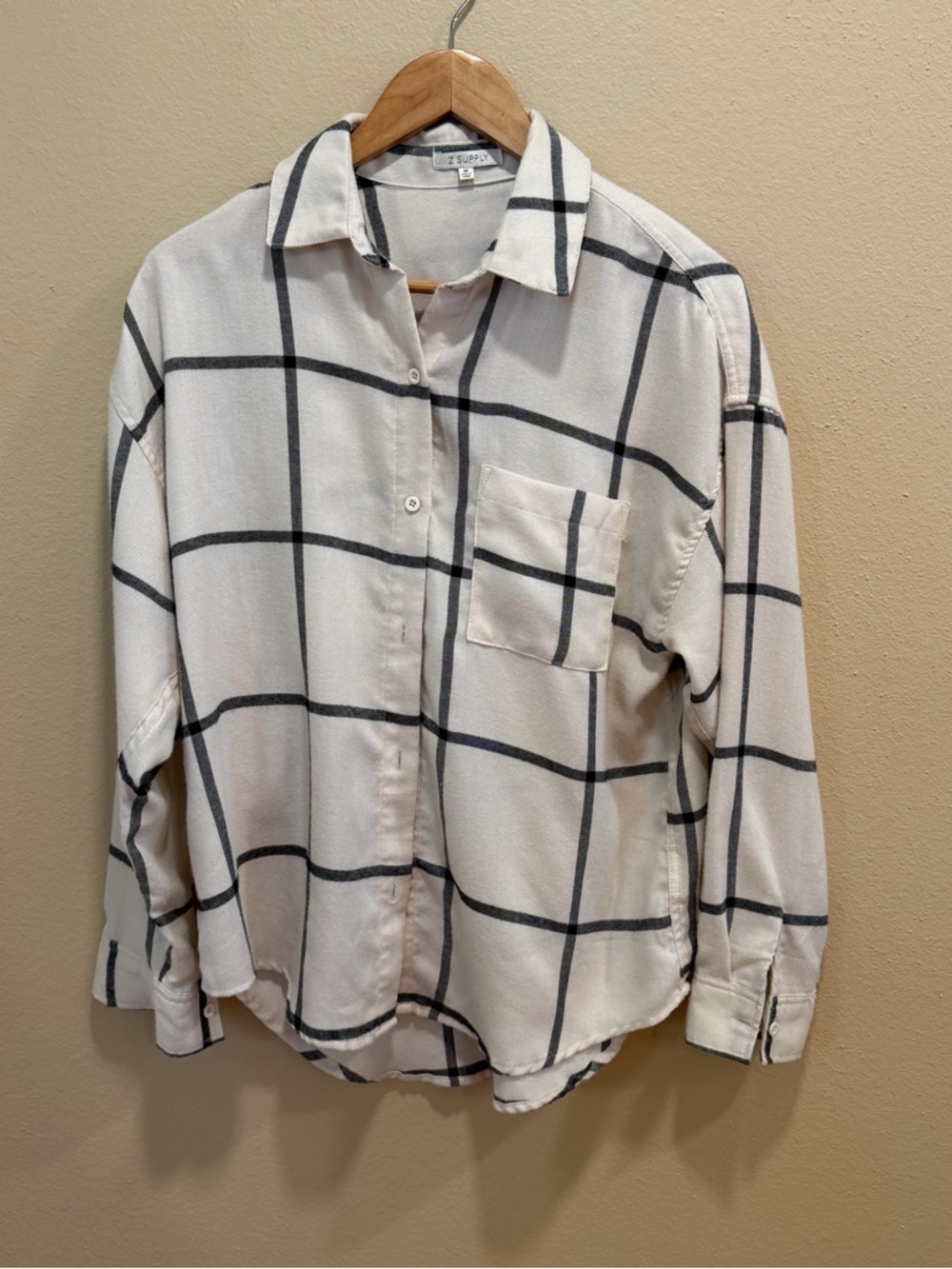 Z Supply Beige Windowpane Button-Up Shirt - Oversized Plaid Soft Flannel Medium - Picture 13 of 13